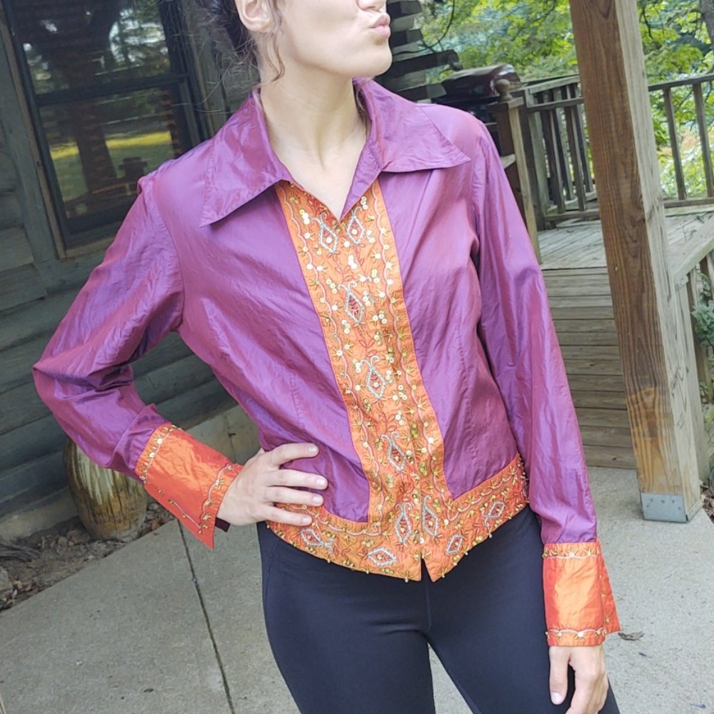 Coldwater Creek Silk Color Block  Beaded Shirt Small